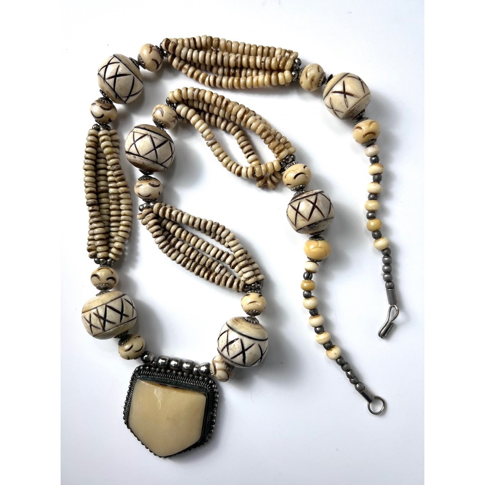 Vintage Tribal Carved Bovine Bone Necklace Multi Strand Bohemian Statement